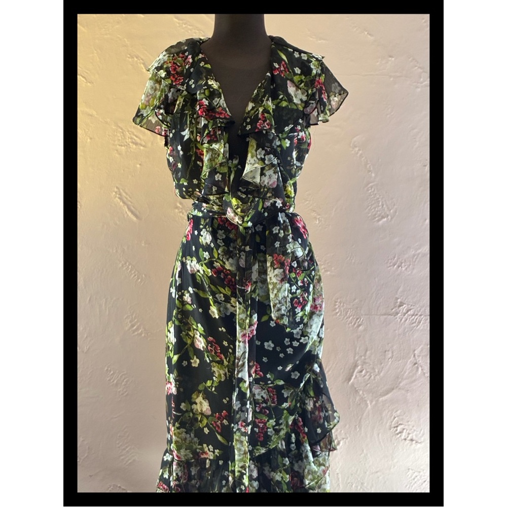 Vintage Floral Ruffle Midi Dress - Black Floral - Picture 2 of 15